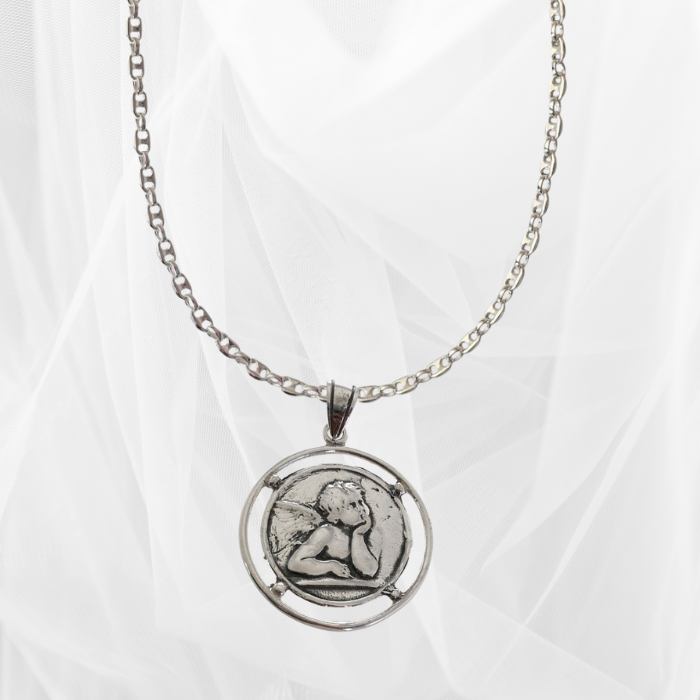 Ángel Protector Plata con cadena Calabrote Fina
