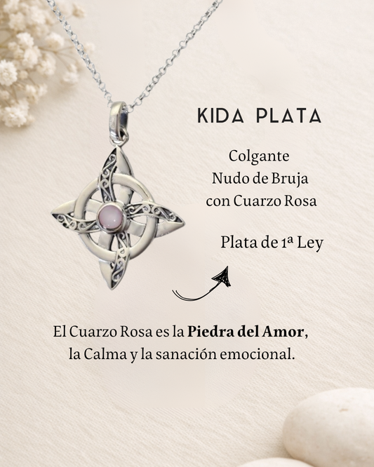 Colgante Nudo de Bruja Plata con Cuarzo Rosa