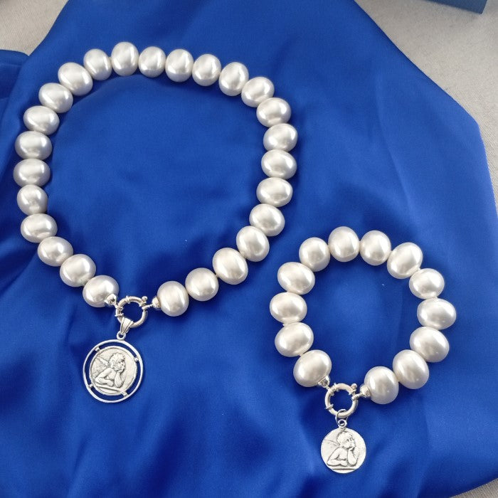 Combo Collar + Pulsera perlas Ángel Protector Plata