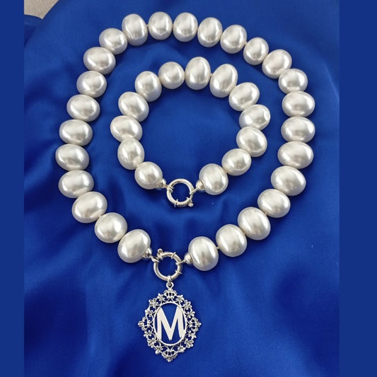 Combo Collar + Pulsera perlas Inicial Plata