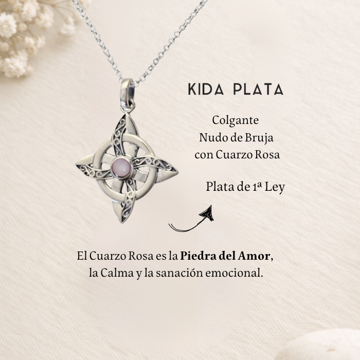 Colgante Nudo de Bruja Plata con Cuarzo Rosa