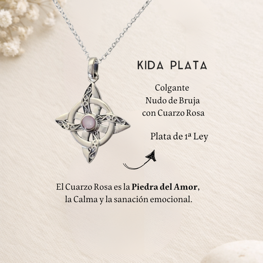 Colgante Nudo de Bruja Plata con Cuarzo Rosa