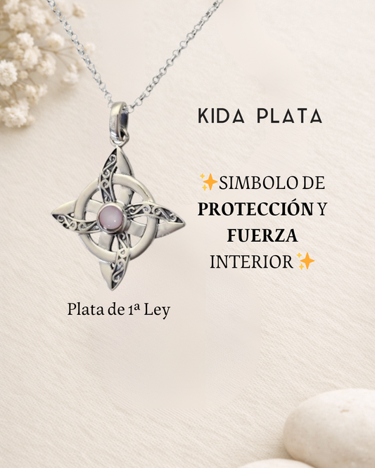 Colgante Nudo de Bruja Plata con Cuarzo Rosa
