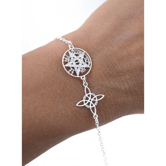 Pulsera Plata Doble Protección Nudo de Bruja y Tetragramatón laser