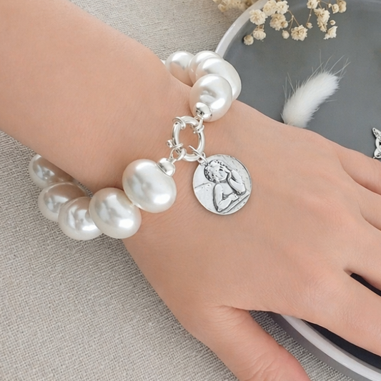 Pulsera Perlas Plata con Angelito