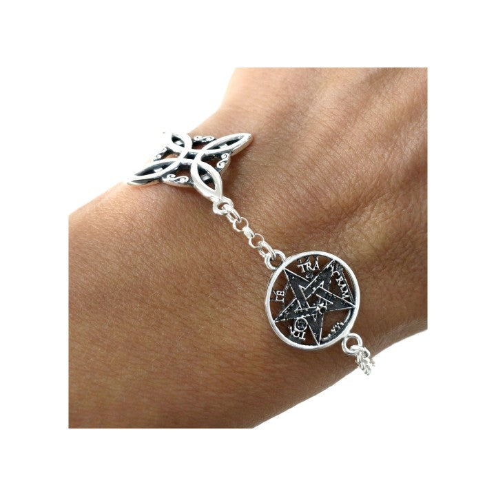 Pulsera Plata Doble Protección Nudo de Bruja y Tetragramatón