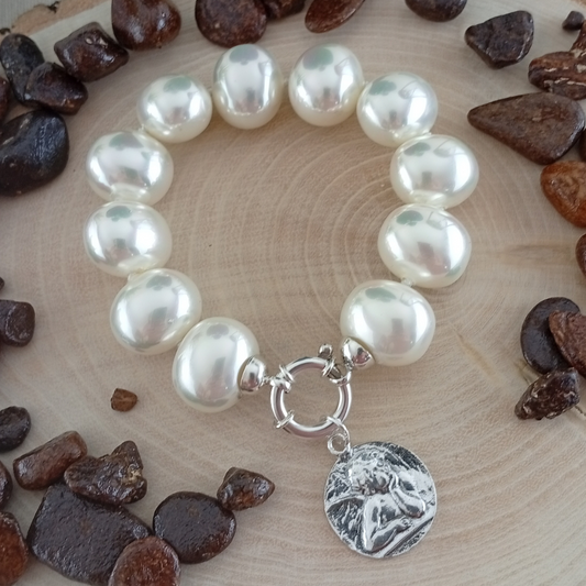 Pulsera Perlas Plata con Angelito